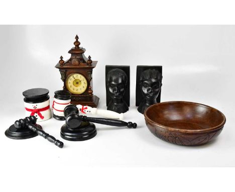 A quantity of treen items, to include a pair of ebony carved African figureheads, a lignum vitae bowl with incised decoration