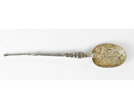 W. T. WISEMAN; an Elizabeth II hallmarked silver replica Coronation anointing spoon, length 24cm, Birmingham 1952, approx. 3.