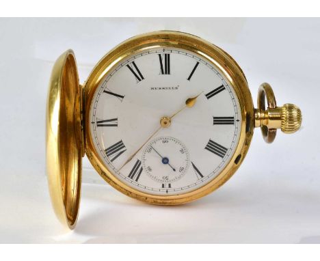 THOMAS R. RUSSELL; a Victorian 18ct yellow gold full hunter crown wind pocket watch, the 42mm white enamelled dial set with R