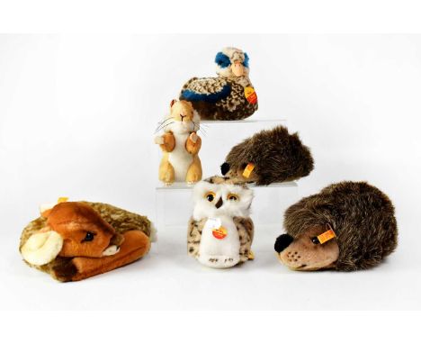 STEIFF; six soft toys, comprising a fawn, a hamster, 'Wittie' owl, 'Pilla' duckling with squeaker and a hedgehog and its hogl