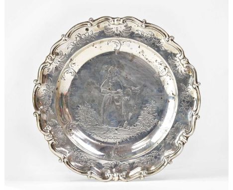 EDWARD, JOHN &amp; WILLIAM BARNARD; a Victorian hallmarked silver salver with shaped rim and incised decoration depicting lit