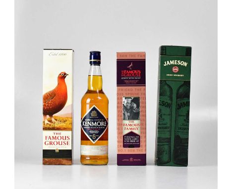 Three bottles of scotch whisky comprising two boxed bottles of Famous Grouse, Kenmore, and a boxed bottle of Jameson Irish wh