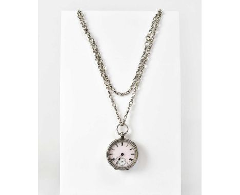 A 935 silver fob watch, the enamelled dial set with Roman numerals and subsidiary seconds dial, the case with foliate engravi