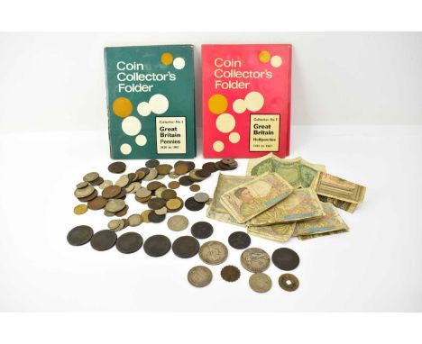 A small quantity of mostly 19th century silver and other British and world coins and tokens, including two silver five peseta