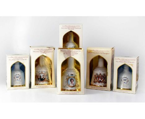 BELLS WHISKY; six boxed Scotch Whisky commemorative porcelain decanters, comprising 'The 60th Birthday of Elizabeth II', 'The