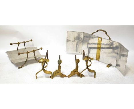 A brass and aluminium fireside set comprising two pairs of andirons, a log basket, a firescreen and a further quantity of met