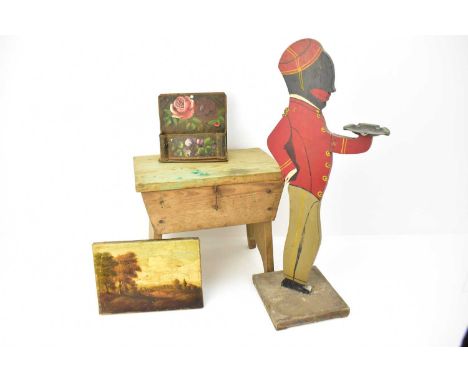 A group of mixed collectibles including a pine milking stool with lift-up compartment, 33 x 37 x 24cm, a wooden footman figur