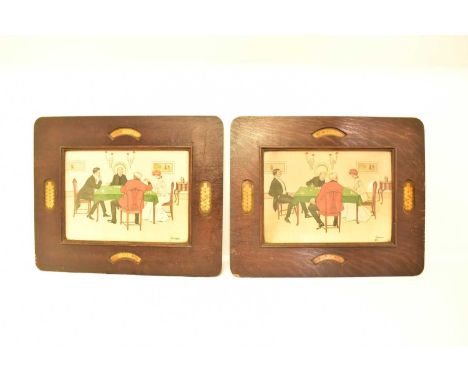 Two 1920s pictures depicting characters playing bridge, within oak frames with inset playing card formations, 29 x 40cm, over
