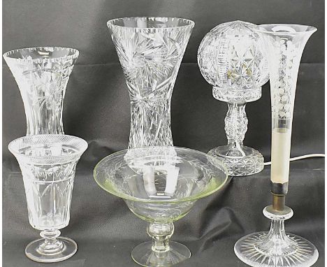 Six items of vintage and antique cut glass crystal, comprising a 19th century cone-shaped fruit bowl, with floral or wheat et