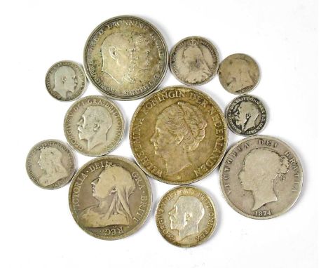 Eleven silver coins, to include a 1938 2½ Gulden, Frederik IX Silver Wedding Anniversary 5 Kroner, 1874 half-crown, 1893 half