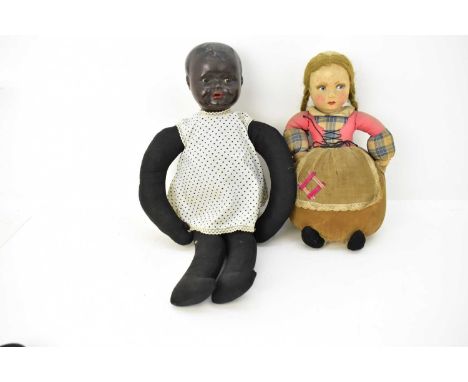J. K. FARNELL ALPHA TOYS; a cloth Dutch girl doll, height 32cm, together with a doll with polka dot dress, composite head wit