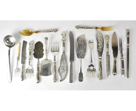 A pair of silver-handled fish servers, a bread fork with silver collar and various silver plated serving wares (18).