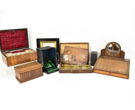 Various vintage wooden and other boxes comprising a small marquetry inlaid writing slope, with two small drawers inside and a