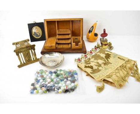 Various collectibles including a walnut veneered Art Deco tabletop cigarette dispenser, length 29cm, a brass telescopic book 