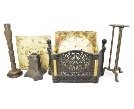 Various items of metalware, including a 19th century brass telescopic fireside trivet stand on three columns, raised on three