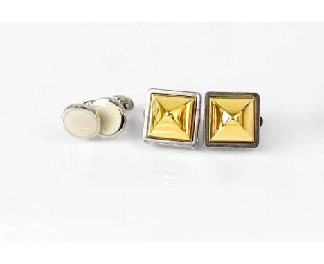 HERMÈS; a pair of square clip-on earrings with gold-coloured pyramids set in silver-coloured mounts, approx. 2.4 x 2.4cm, eac
