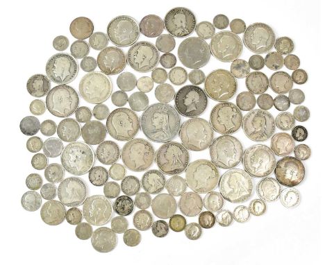A collection of pre-1920 UK silver coinage, to include an 1889 crown, a George IV 1826 half-crown, 1883 half-crown, 1875 half