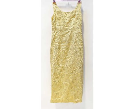Two c.1960s evening dresses with jackets, comprising a pale gold jacquard full-length dress, with cream chiffon train and row