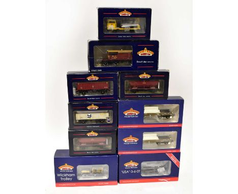 BACHMANN; ten boxed model railway items including a USA 0-6-0 T locomotive, a Wickham Trolley, various wagons, a Plasser with