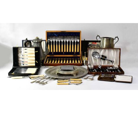 A quantity of silver plated ware, to include a large footed coffee pot with ivorine finial, flatware including cased sets of 