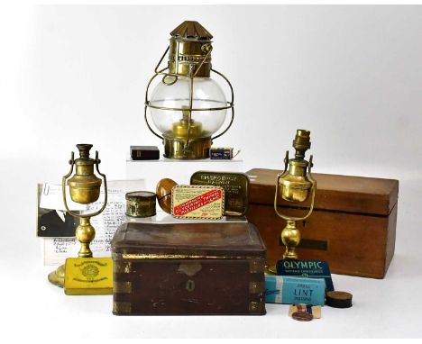 A ship's brass emergency paraffin lamp together with other maritime related items to include a pair of brass ship's gimbal mo