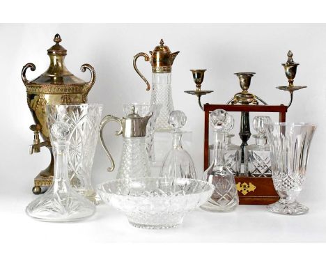 A silver plated samovar of Neoclassical form, height 53cm, together with a candelabrum and a quantity of cut glassware, inclu