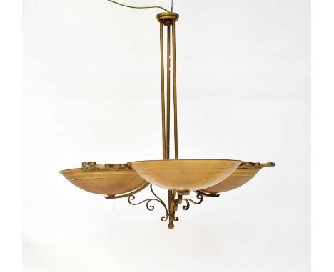 A gold painted triple plafonnier light fitting, each section with three bulbs, with perspex amber tinted shades, height appro