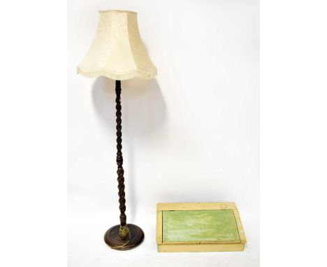 A 19th century painted writing slope, together with a mid-20th century oak barleytwist standard lamp and a reproduction Georg