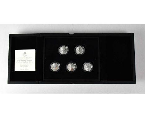 A limited edition 'King Charles II Coronation Silver Proof Fifty Pence Coin Set', comprising five silver 50p coins, with acco