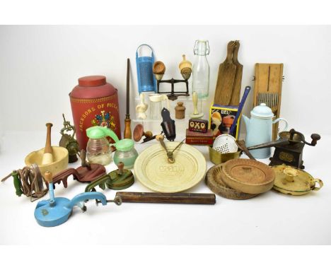 A large quantity of mixed vintage kitchenalia, including a large reproduction tin tea caddy, height 30cm, diameter 20cm, boxe