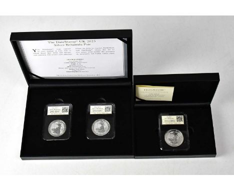 Two silver coin sets, comprising a single '2024 1oz Silver Britannia' and a pair of 'UK 2023 1oz Silver Britannia', both with