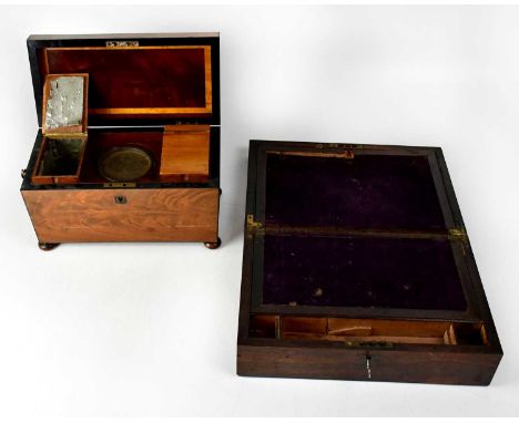 A 19th century mahogany sarcophagus-shaped tea caddy with fitted interior, 20 x 31 x 15.5cm, together with a Victorian rosewo