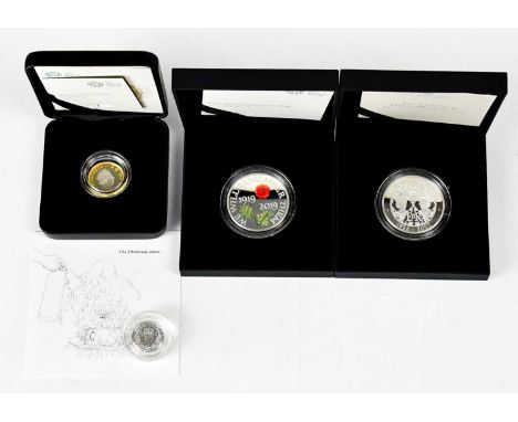 THE ROYAL MINT; four silver proof coins comprising 'Treasured Christmas 2019' sixpence, 'The Remembrance Day 2019 £5', 'Natio