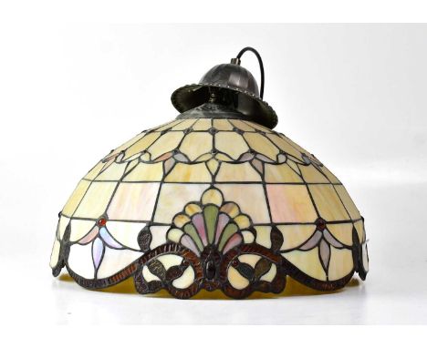 A Tiffany-style ceiling pendant light in cream, brown, pink and iridescent shades, with stylised flowers, height approx. 35cm