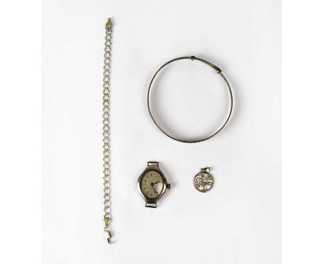 A silver ladies' wristwatch, the silvered dial set with Arabic numerals, (lacking strap), a silver bracelet with engraved dec