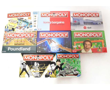 MONOPOLY; eight boxed boardgames, comprising 'Elvis Presley', 'Elf', 'ET', 'Poundland', 'Home Bargains', 'DPD', 'Despicable M