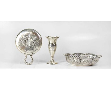 GEORGE NATHAN &amp; RIDLEY HAYES; a George V hallmarked silver lobed and pierced oval dish, length 21cm, Chester, 1911, toget