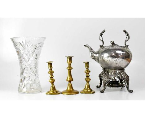A Victorian silver plated spirit kettle on stand, a pair of 19th century brass candlesticks, one other similar example, and a