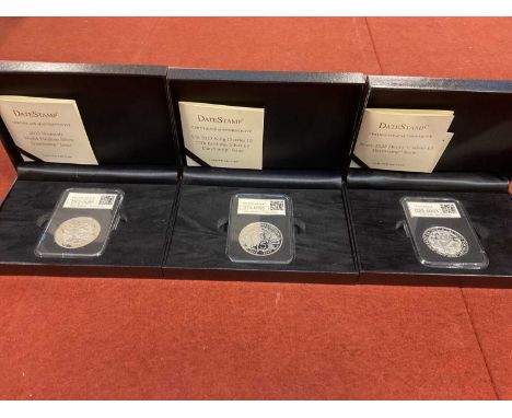 Three cased silver £5 coins, comprising 'UK 2023 £5', 'UK 2023 KCIII 75th Birthday £5', and 'Jersey 2022 Henry V £5', all wit