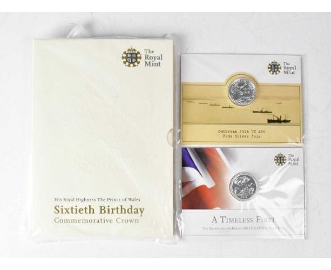 THE ROYAL MINT; three packaged coins comprising 'A Timeless First George and the Dragon £20 Fine Silver Coin', 'Outbreak 2014