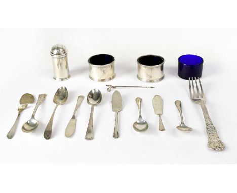 A collection of silver tableware items, to include cruets, spoons, a butter knife, a fork, etc, various dates and makers, com