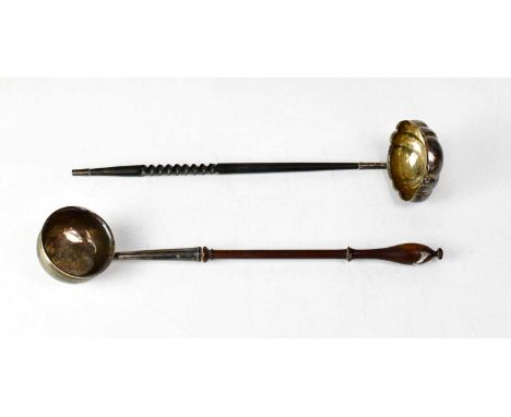 Two hallmarked silver toddy ladles with turned wooden handles, one with twisted handle by S. J. Rose &amp; Son, Birmingham 19