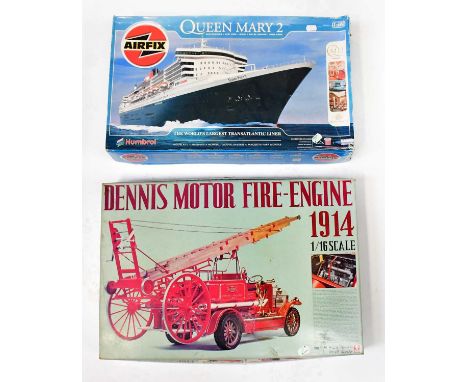 A boxed Airfix Queen Mary II model kit by Humbrol and a boxed Dennis Motor Fire Engine 1914, 1:16 scale by Bandai (2).