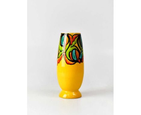 POOLE POTTERY; a slender yellow 'Delphis' vase, raised on a circular foot, with printed marks to base, numbered '15', height 