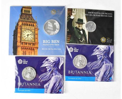 THE ROYAL MINT; four packaged silver proof coins comprising two '2015 £50 Britannia', the 'Big Ben Heartbeat of the Nation £1