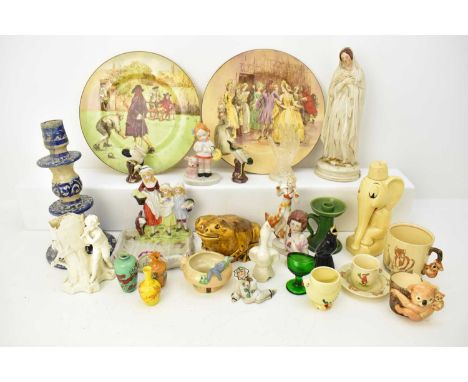 A reproduction Yardley English Lavender soap dish, a ceramic frog money box, two Doulton Series ware plates, children's cups,