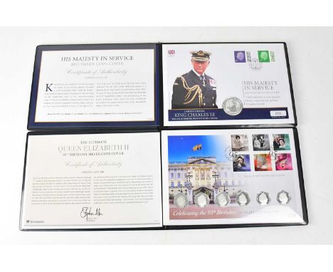 Two coin folders, comprising 'The Ultimate QEII 95th Birthday Coin Cover', including six silver proof 50p coins and stamps, a