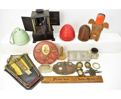 Various collectibles and advertising items, including a Pears Soap wooden ruler, Hudson's Soap small hand mirror, three Bakel