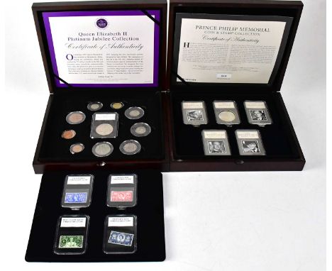 Two coin and stamp sets, comprising 'Prince Philip Memorial Coin and Stamp Collection', including a silver £5 coin and four s