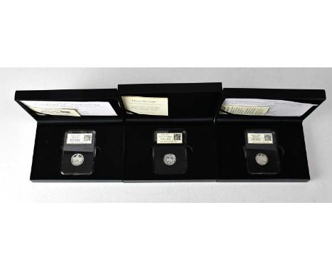 Three cased silver coins, comprising 'Jersey 2022 £1' twice, and 'IOM 2023 Sovereign', all with certificates of authenticity.